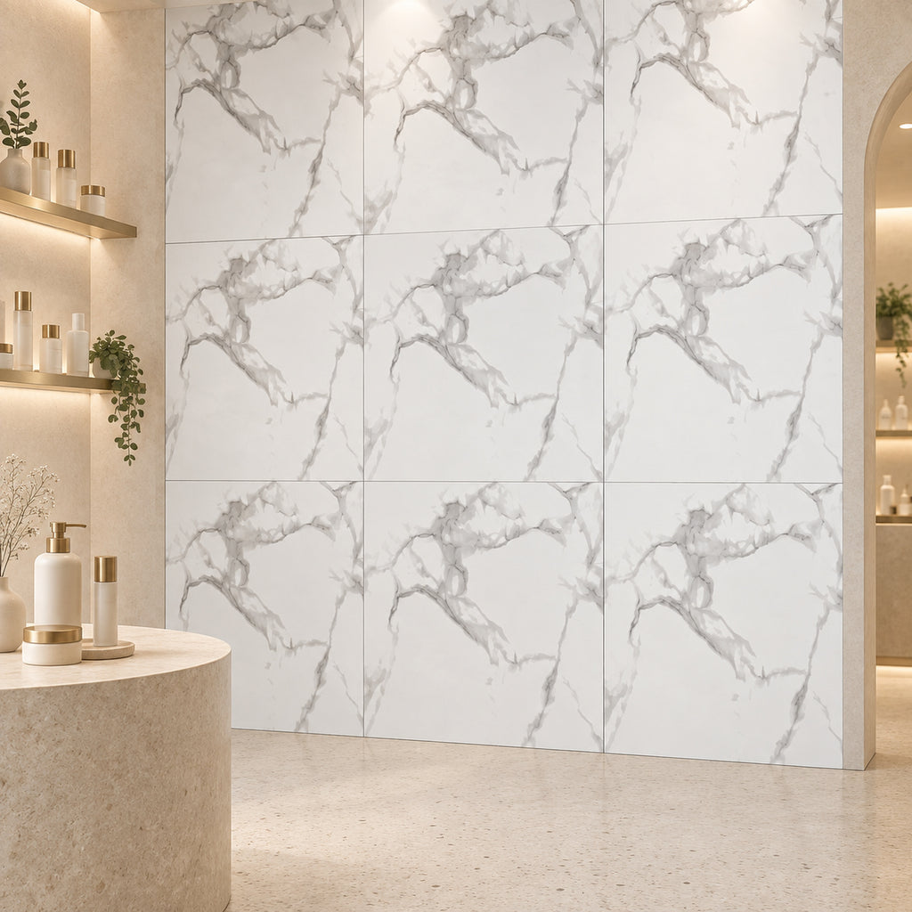 SOGA Peel & Stick Floor and Wall Tiles 60 x 60cm 10 Pack White Grey Faux Marble