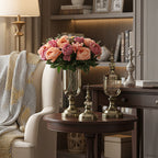 2x Clear Bronze Glass Vase with Lid and Pink Flower Set