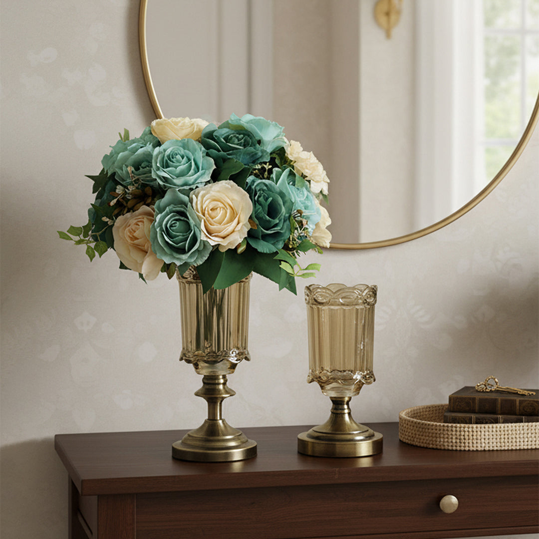 SOGA 25cm 28.5cm Transparent Glass Flower Vase with Blue Flower Set