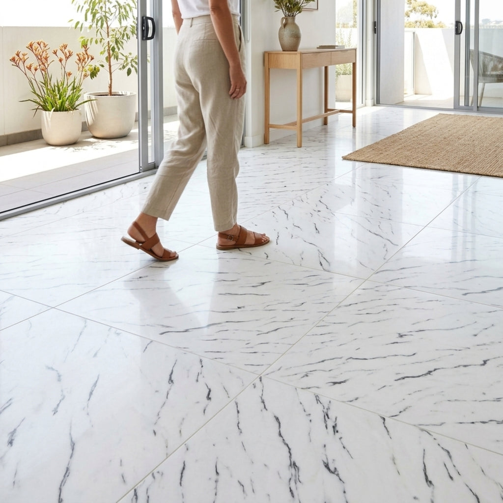 SOGA Peel & Stick Floor and Wall Tiles 60 x 60cm 10 Pack White Faux Marble