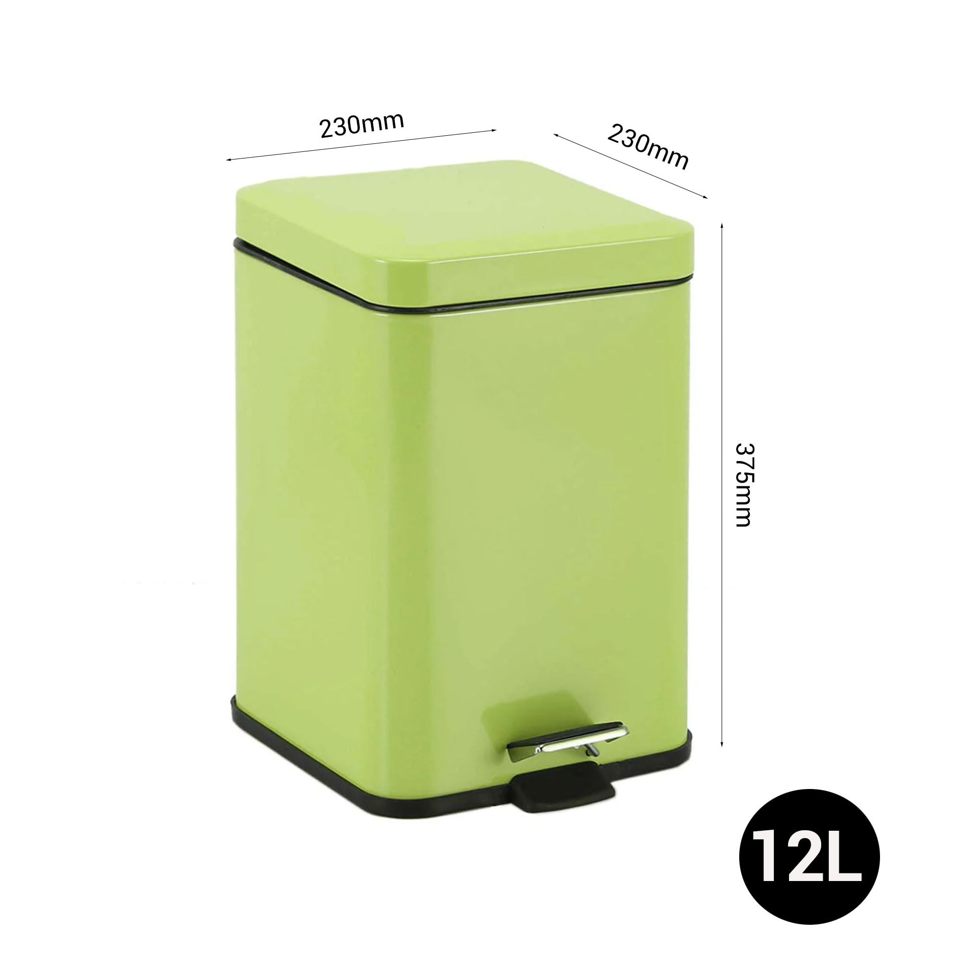 Foot Pedal Stainless Steel Trash Bin Square 12L Green