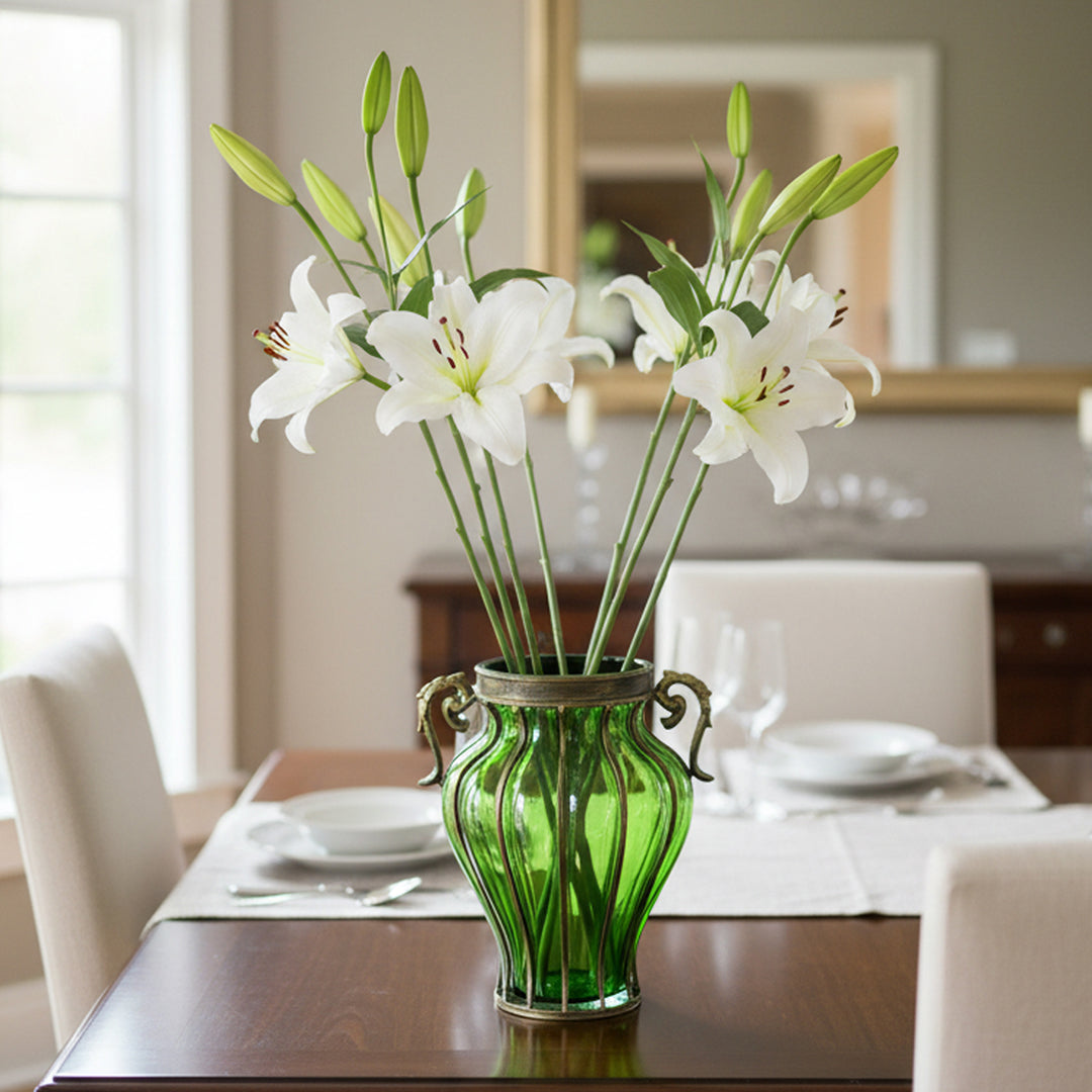 Green European Glass Flower Vase with Two Metal Handle