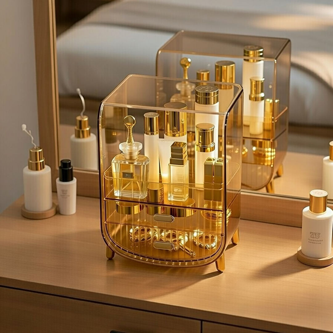 3 Tier Golden Yellow Multifunctional Countertop Cosmetic Storage Drawer Type Organiser