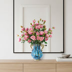 Blue Glass Flower Vase with 10 Bunch 6 Heads Artificial Silk Rose Set