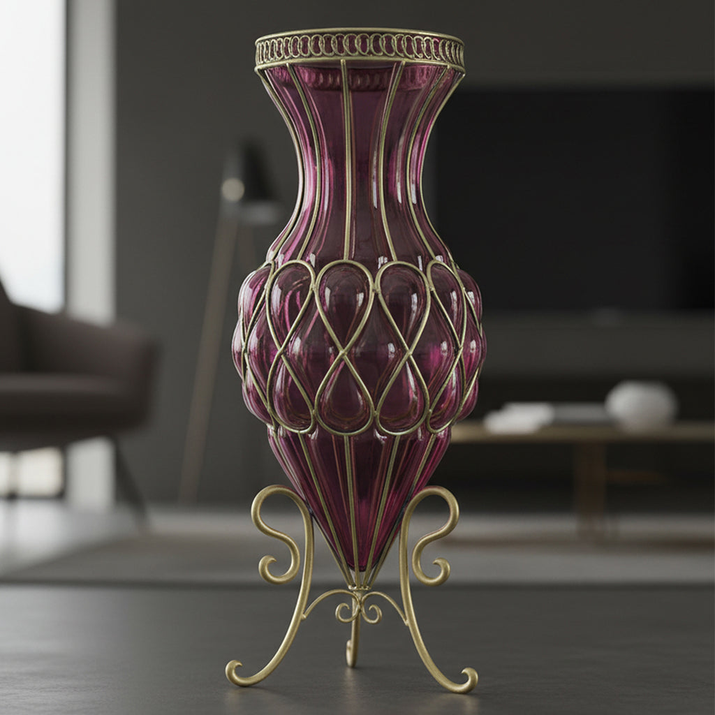 67cm Purple Glass Floor Vase with Metal Stand