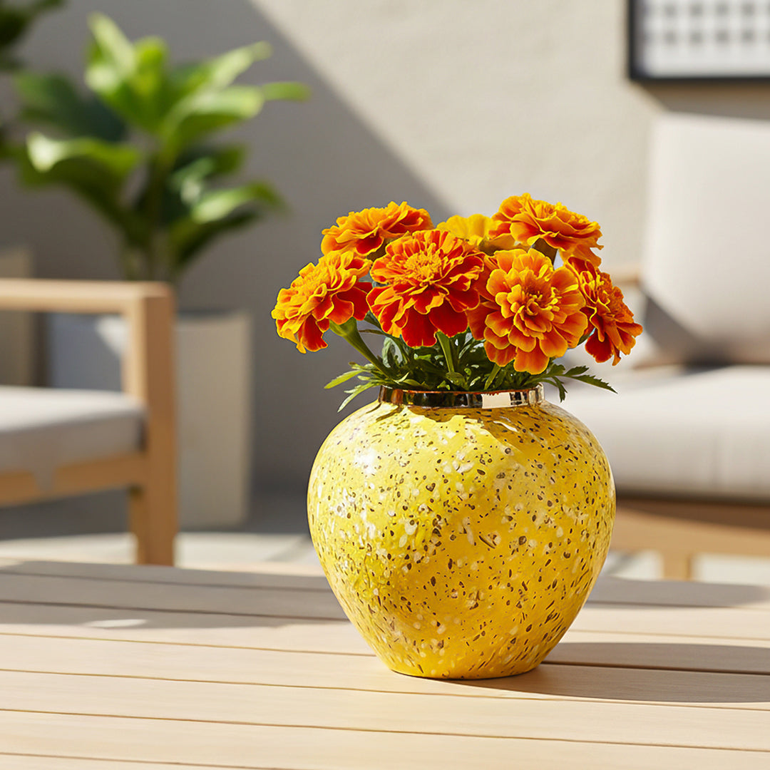 SOGA 21x22cm Yellow with White Mini Floral Small Ceramic Flower Vase Elegant Living Room Home Decor