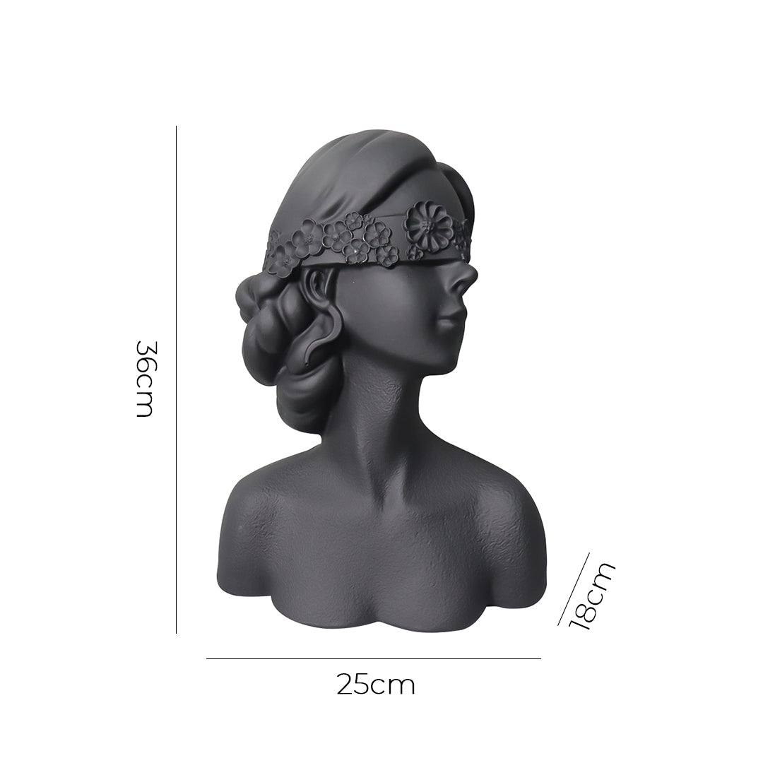 SOGA 36cm Black Resin Sculpture Blindfold Lady Bust Design for Home Décor