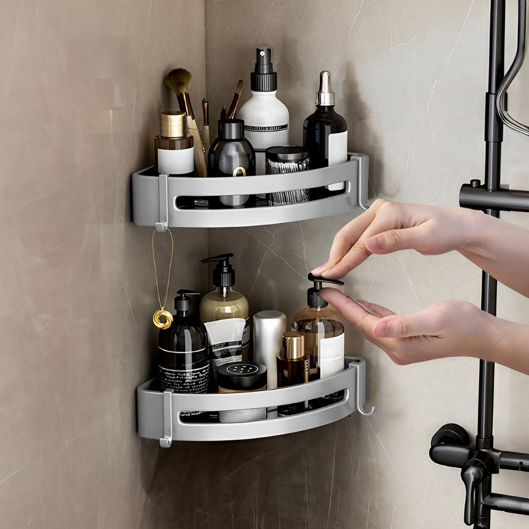 Silver Wall-Mounted Triangular Bathroom Storage Rack with Hooks