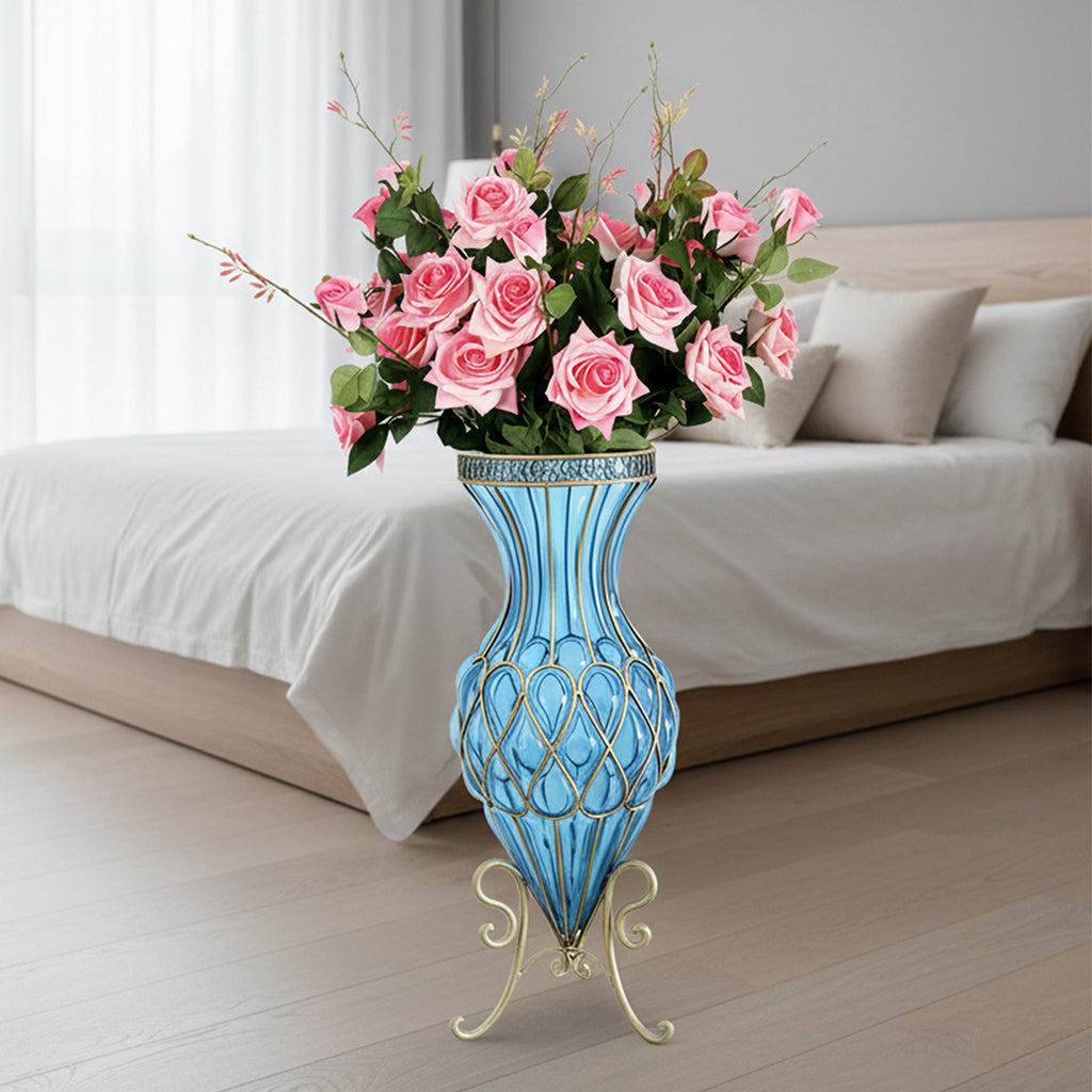 67cm Blue Glass Floor Vase and 12pcs Pink Artificial Flower Set