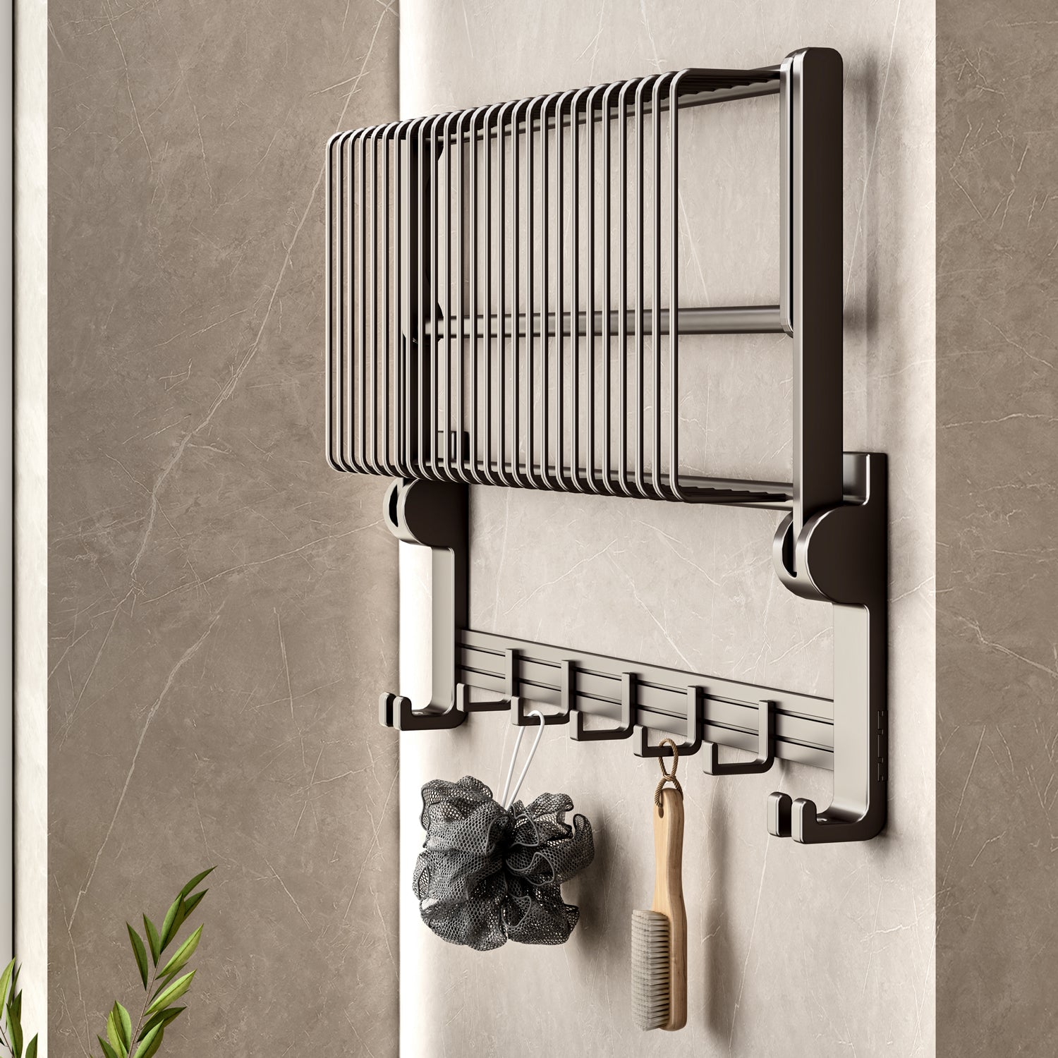61cm Gray Wall-Mounted Double Pole Towel Holder with Hooks
