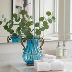 Blue European Glass Flower Vase with Two Metal Handle