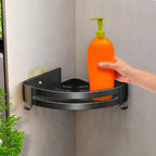 Black Wall-Mounted Triangular Bathroom Storage Rack with Hooks