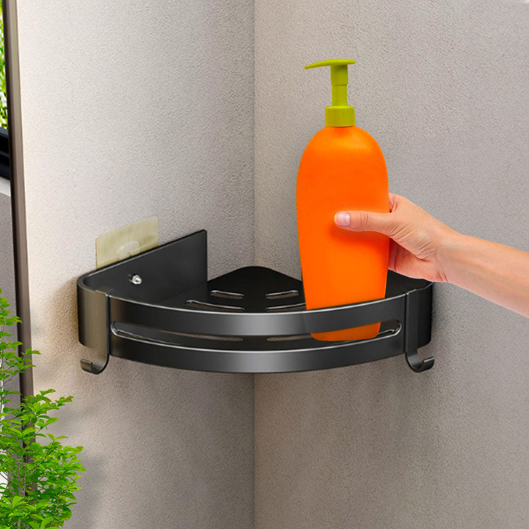 Black Wall-Mounted Triangular Bathroom Storage Rack with Hooks