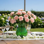 Green Glass Flower Vase with 4 Bunch 9 Heads Artificial Silk Rose Set