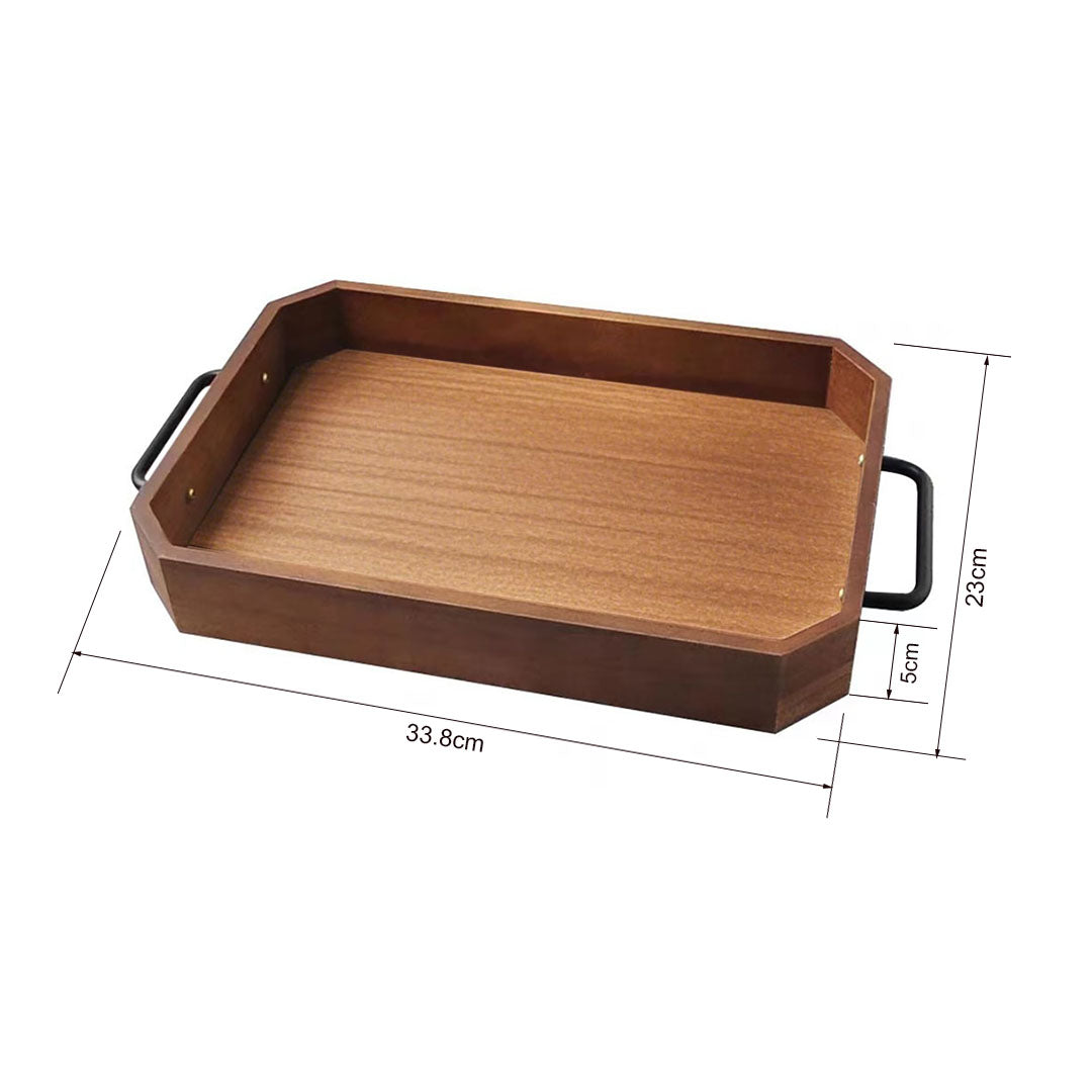 SOGA 34cm Brown Rectangle Wooden Serving Tray Metal Handles Kitchen