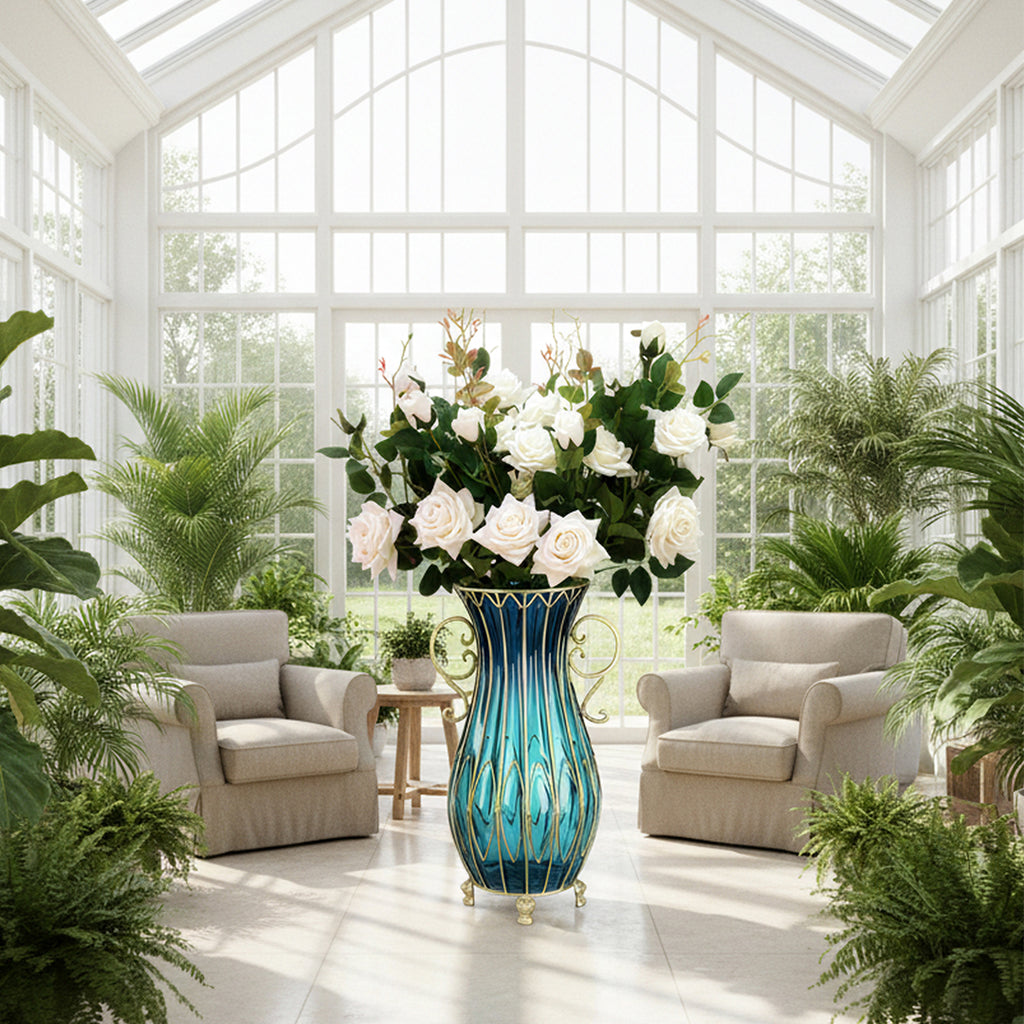 51cm Blue Glass Floor Vase with 12pcs White Artificial Flower Set