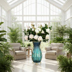 51cm Blue Glass Floor Vase with 12pcs White Artificial Flower Set