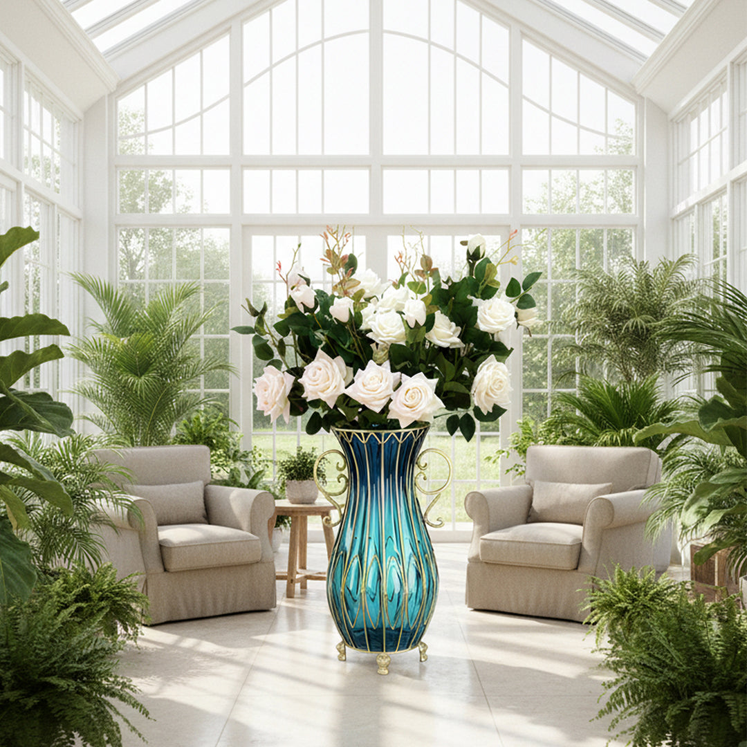 51cm Blue Glass Floor Vase with 12pcs White Artificial Flower Set