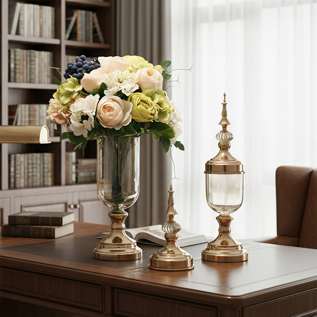 2x Clear Gold Glass Vase with Lid and White Flower Set