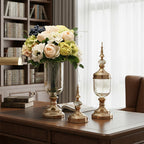 2x Clear Gold Glass Vase with Lid and White Flower Set