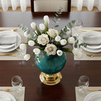 38cm Ceramic Vase with Gold Metal Base Green