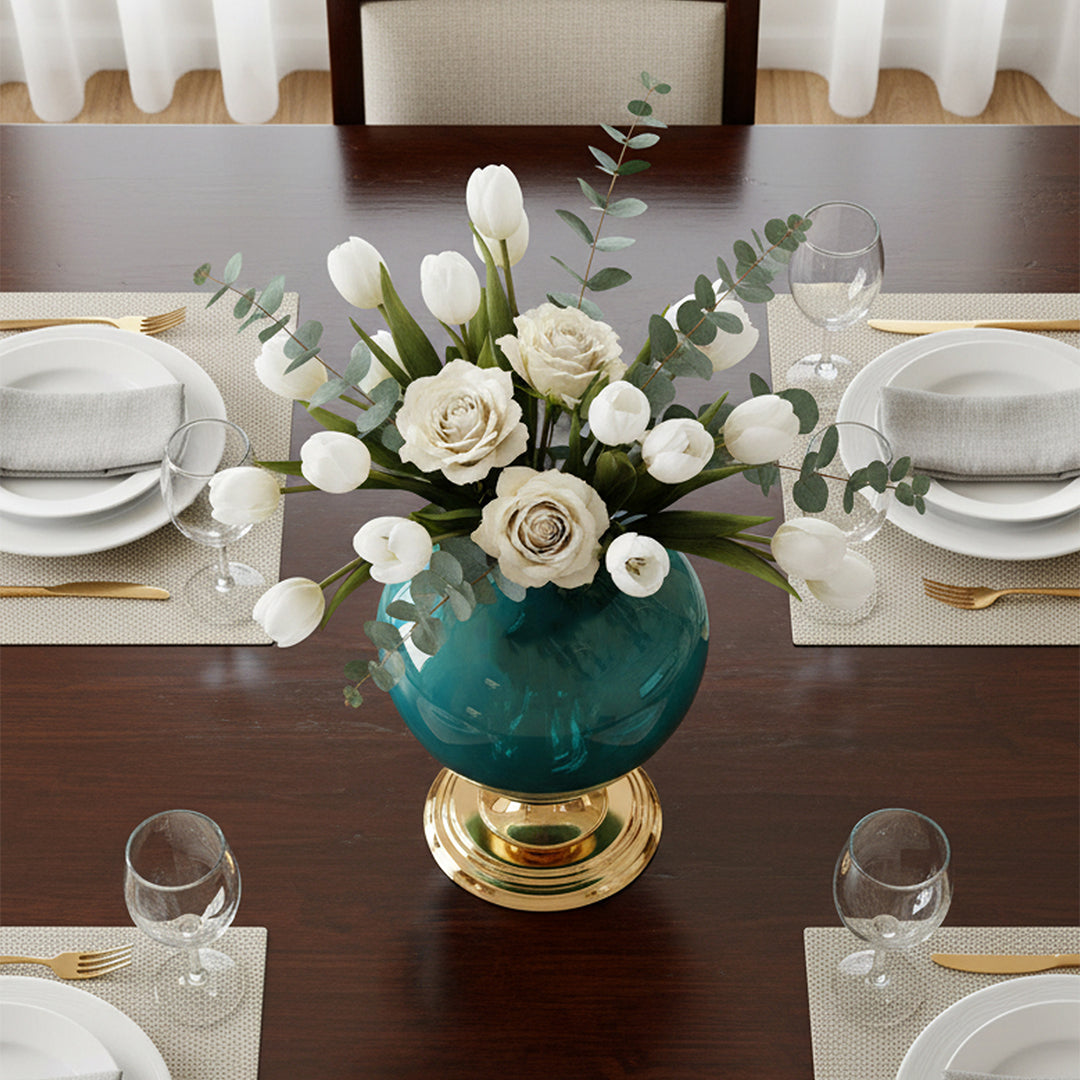 38cm Ceramic Vase with Gold Metal Base Green