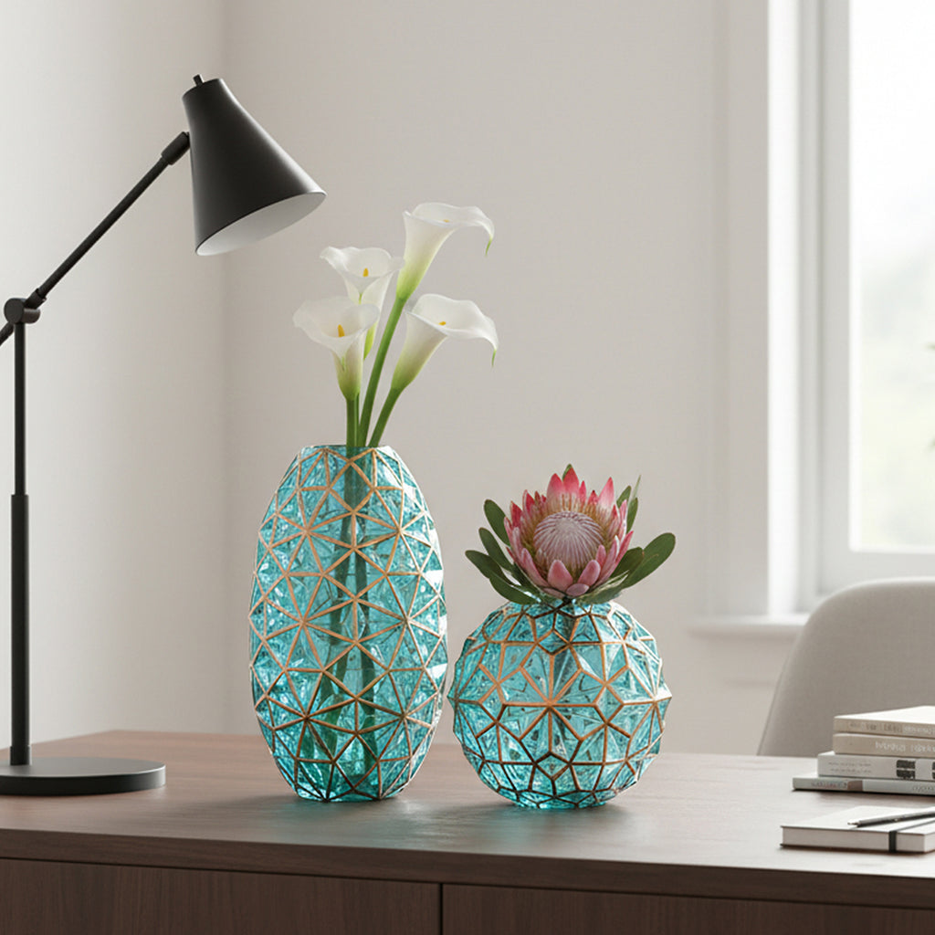 Green Diamond Cut Glass Flower Vase with Gold Accent