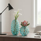 Green Diamond Cut Glass Flower Vase with Gold Accent