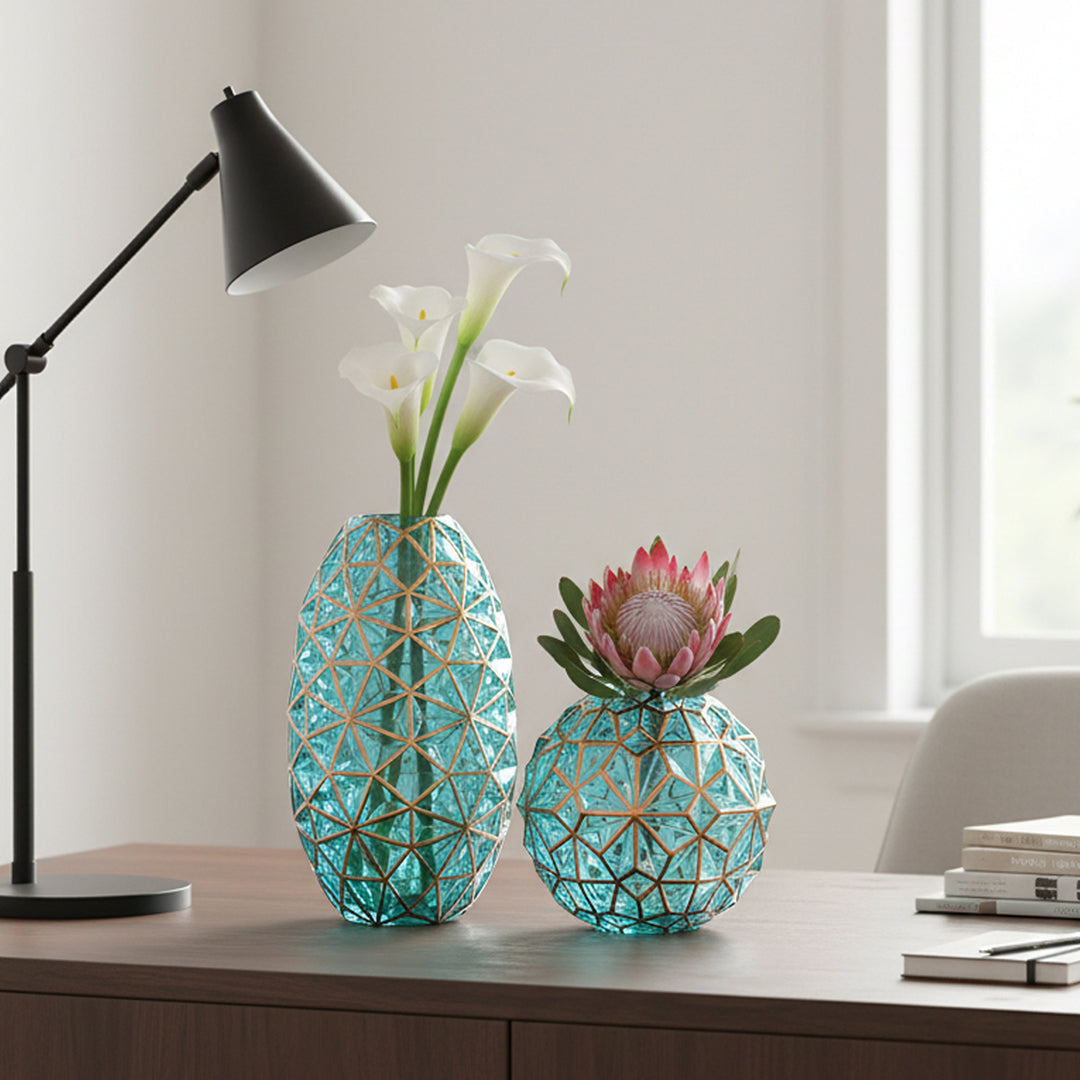 Green Diamond Cut Glass Flower Vase with Gold Accent