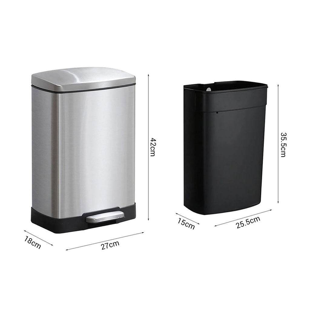 Rectangular 12L Stainless Steel Foot Pedal Recycling Bin for Garbage Silver