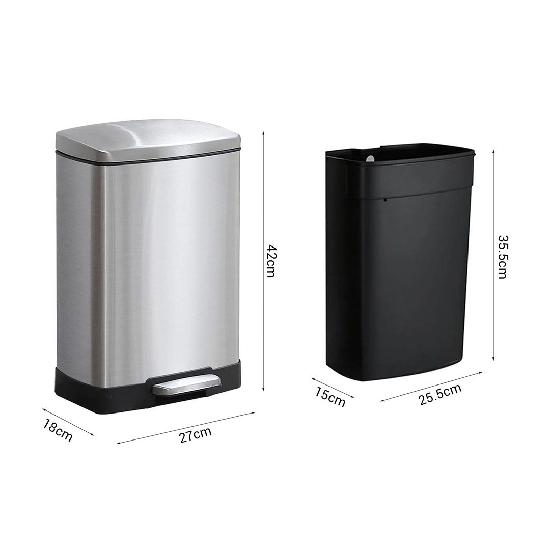 Rectangular 12L Stainless Steel Foot Pedal Recycling Bin for Garbage Silver