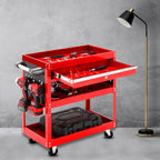 3 Tier Tool Storage Cart with Drawer and Hooks Red