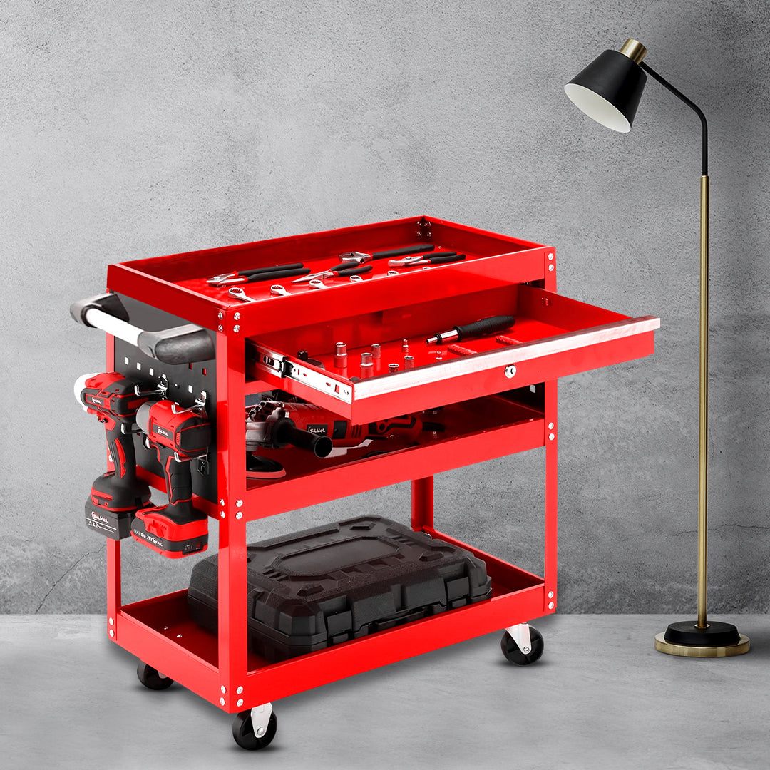 3 Tier Tool Storage Cart with Drawer and Hooks Red
