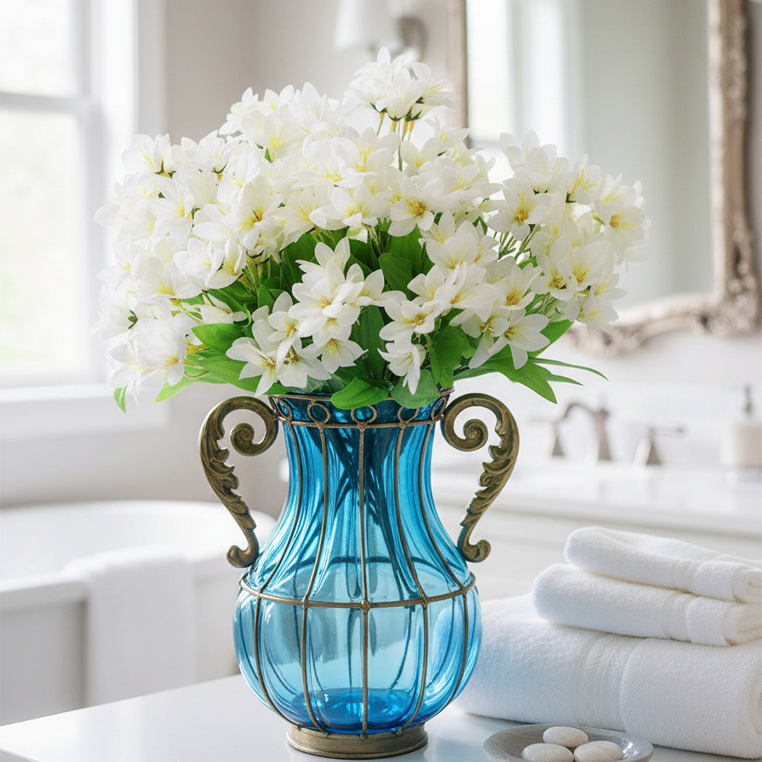 Blue Glass Flower Vase with 10 Bunch 6 Heads Artificial Silk Lilium nanum Set