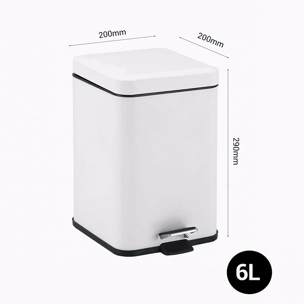 Foot Pedal Stainless Steel Trash Bin Square 6L White