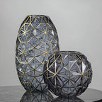Grey Diamond Cut Glass Flower Vase with Gold Accent