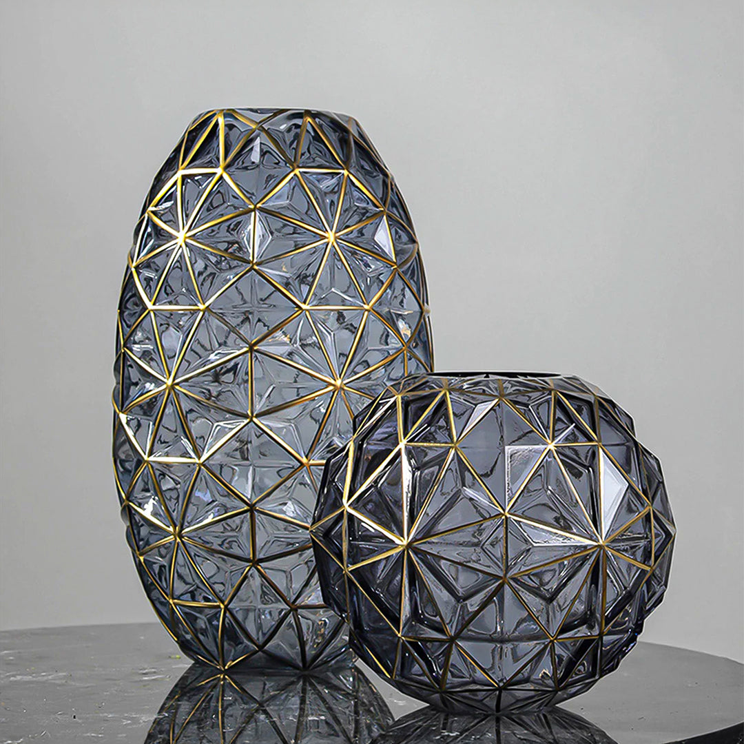 Grey Diamond Cut Glass Flower Vase with Gold Accent