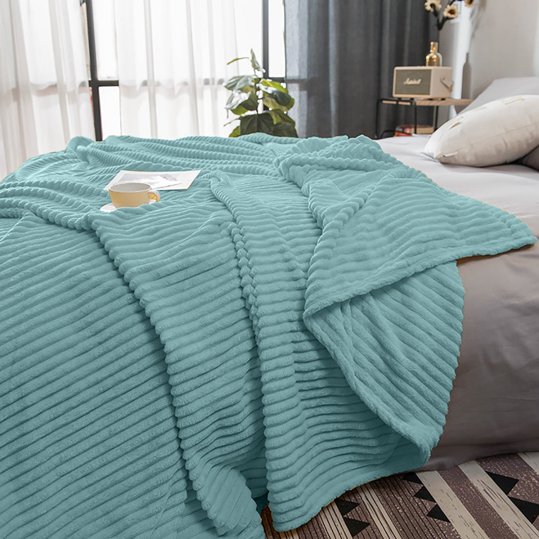 Sky Blue Throw Blanket Warm Cozy Striped Pattern Thin Flannel Coverlet