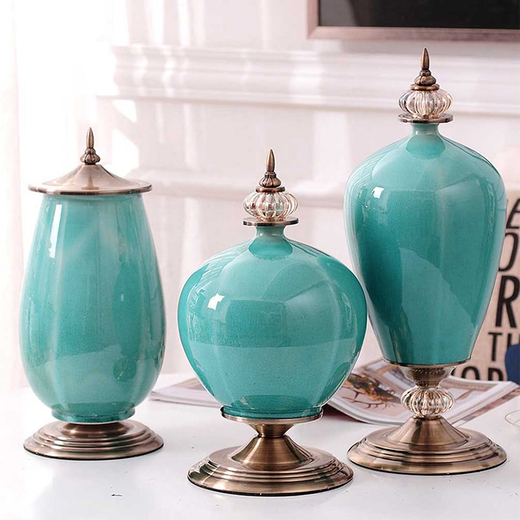 42cm Ceramic Vase with Gold Metal Base Green