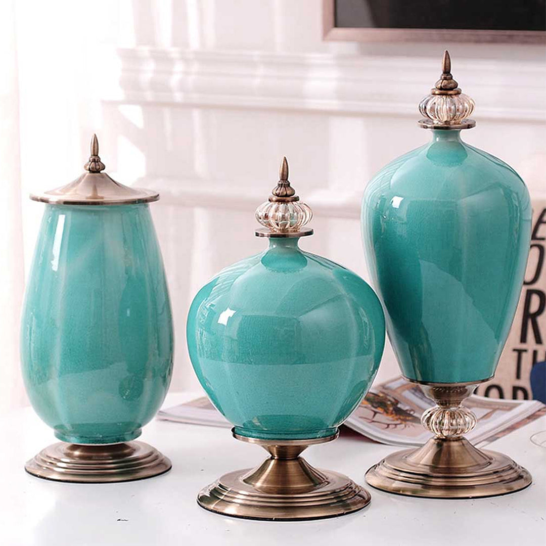 42cm Ceramic Vase with Gold Metal Base Green