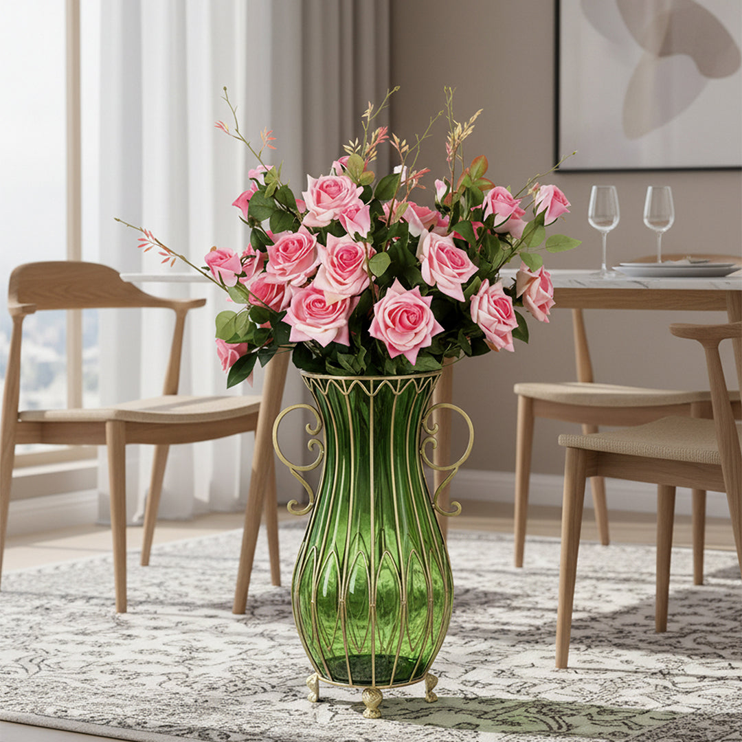 51cm Green Glass Floor Vase with 12pcs Pink Artificial Flower Set