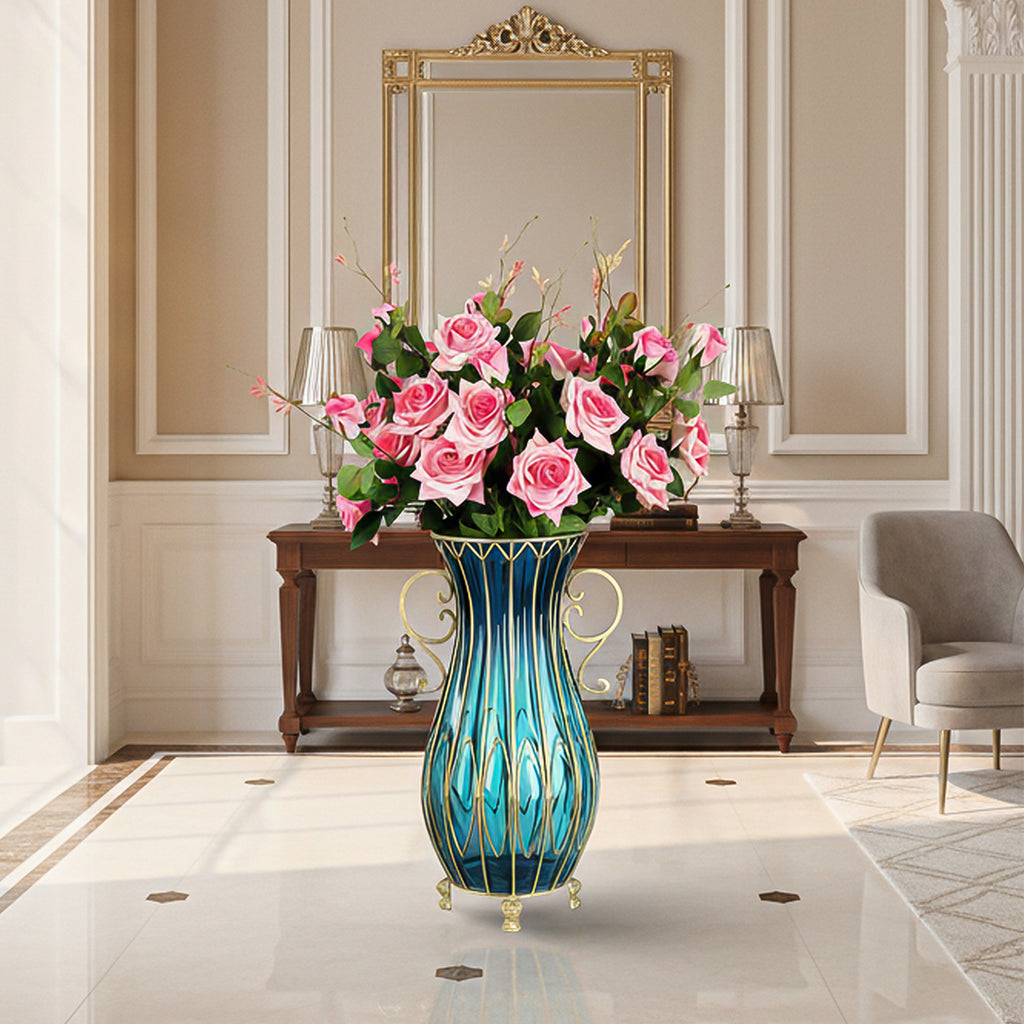 51cm Blue Glass Floor Vase with 12pcs Pink Artificial Flower Set