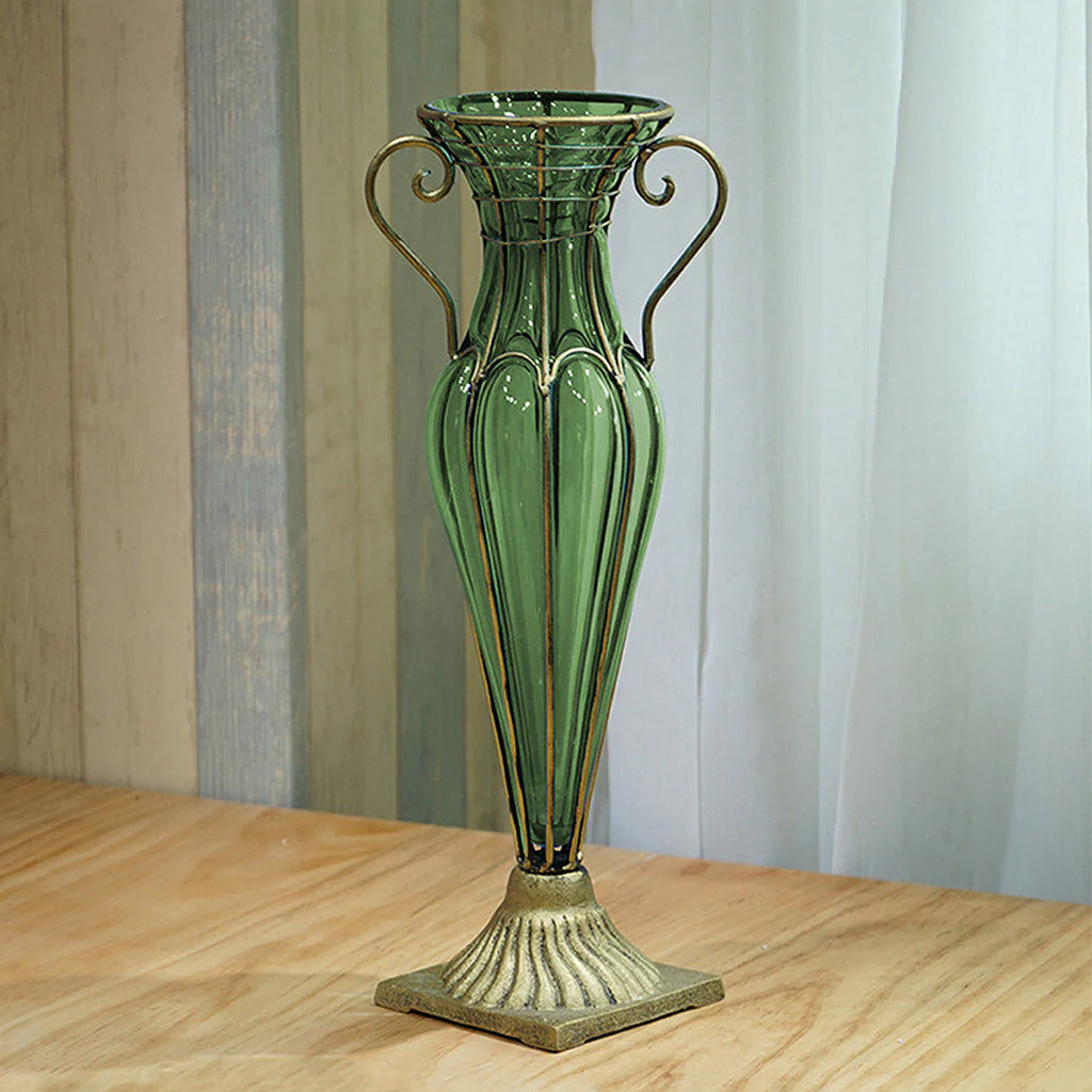 Green European Glass Flower Vase with Two Gold Metal Handle