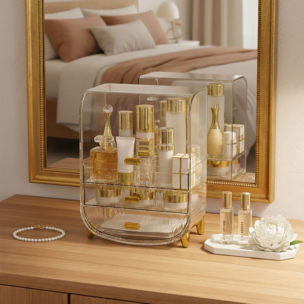 3 Tier Transparent Multifunctional Countertop Cosmetic Storage Drawer Type Organiser