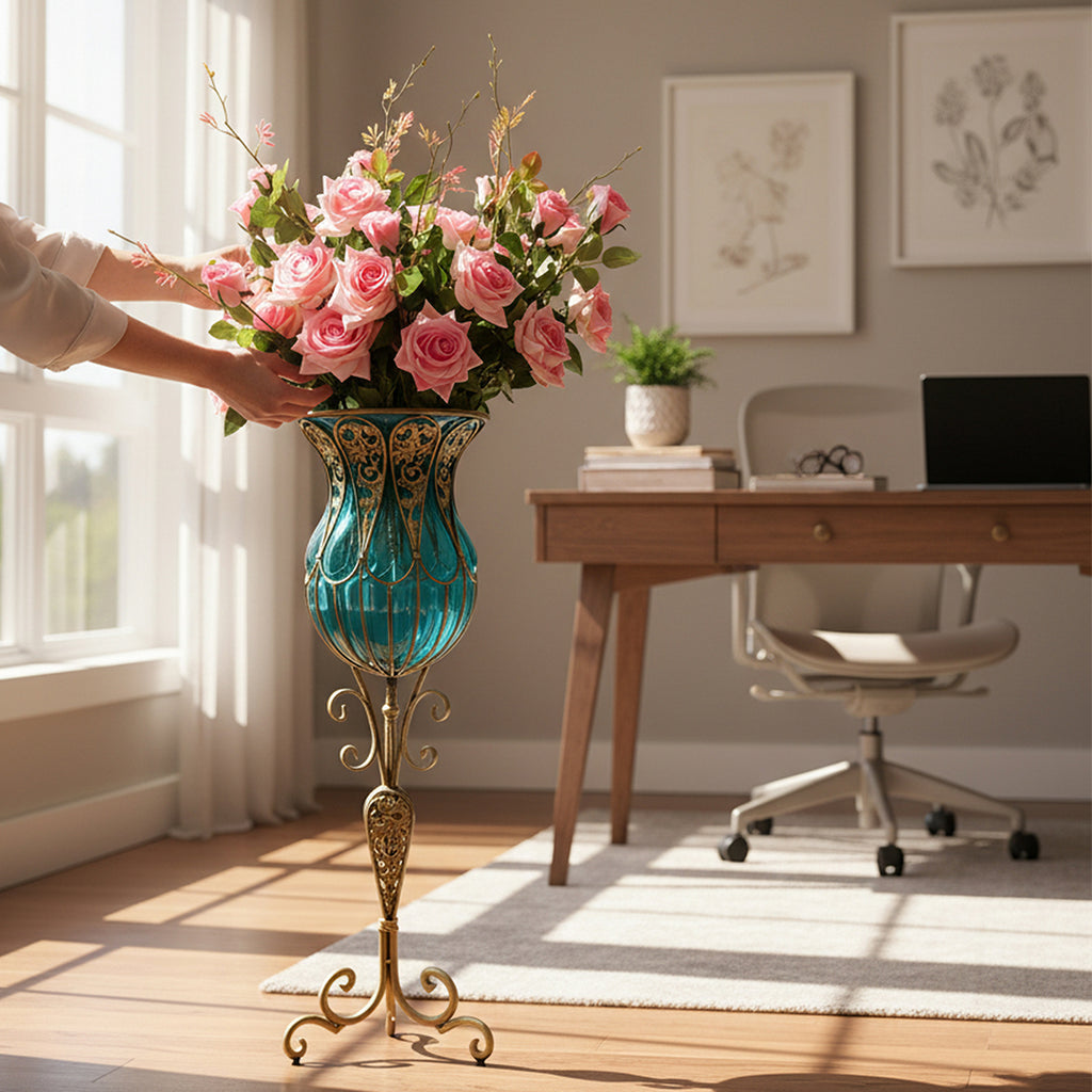 85cm Blue Glass Floor Vase and 12pcs Pink Artificial Flower Set