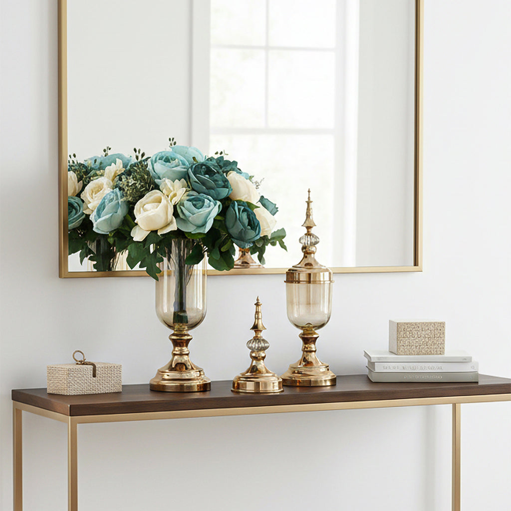 2x Clear Gold Glass Vase with Lid and Blue Flower Set