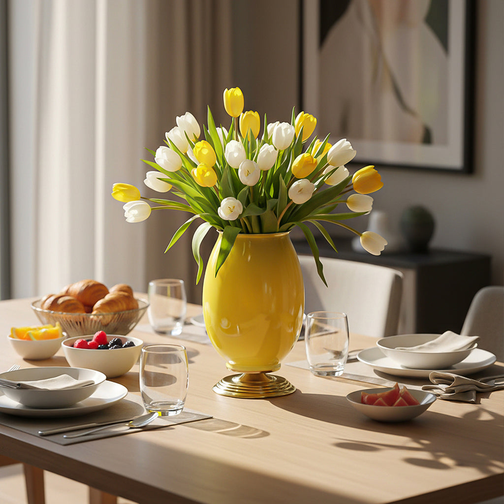 40cm Ceramic Vase with Gold Metal Base Yellow