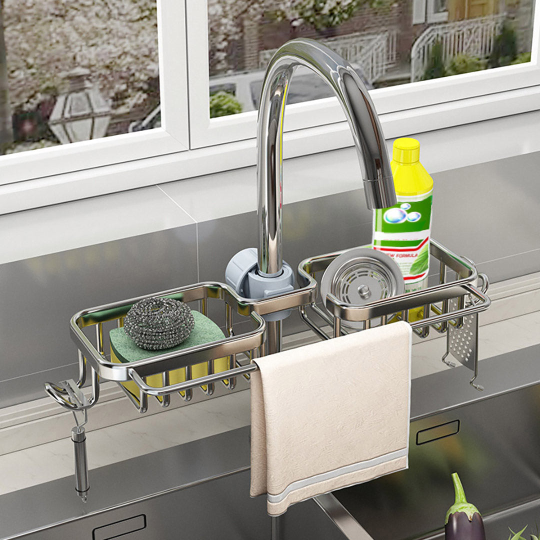 Silver Kitchen Sink Faucet Organiser with Towel Bar Holder
