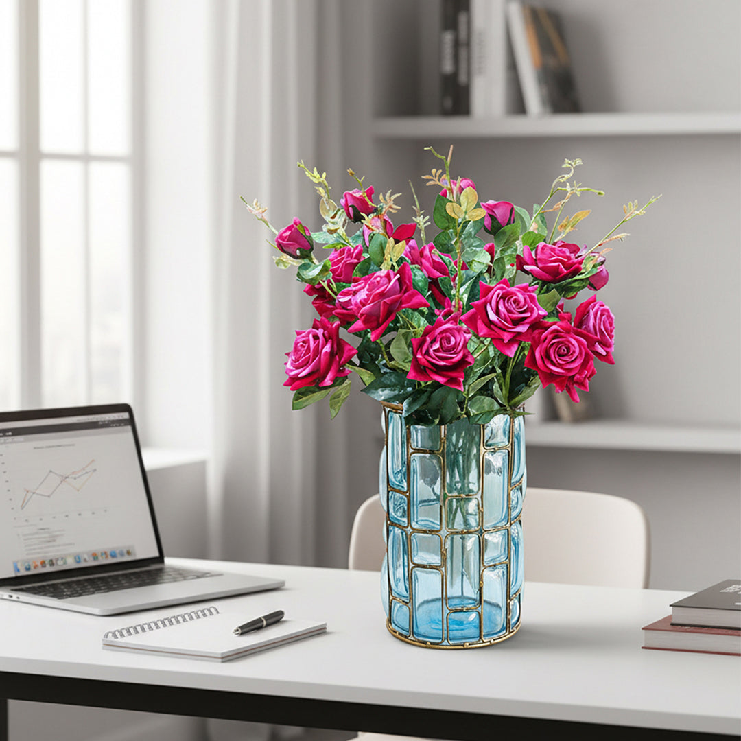 Blue Glass Cylinder Flower Vase with 8 Bunch 5 Heads Artificial Silk Rose Set