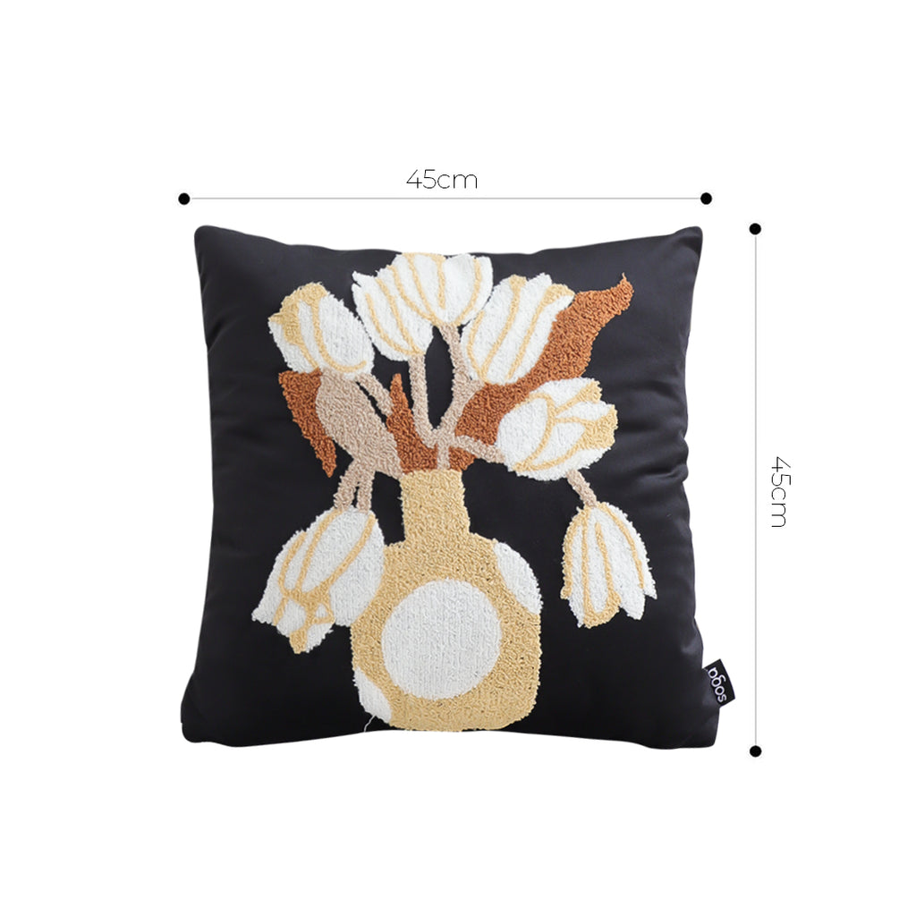 SOGA 45cm Black Brown White Floral Bouquet Embroidered Throw Pillow